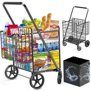 455lbs Shopping Cart for Groceries, Large Heavy Duty Grocery Cart on Wheels, Folding Dual Basket Utility Carts with Waterproof Liner, Shopping Carts for Transport, Laundry, Gift, Luggage