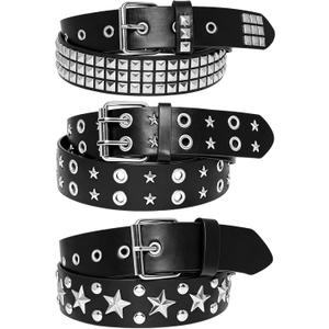 3 Pcs Y2K Studded Belt Punk Goth Belts with Metal Pyramid for Women (Black)