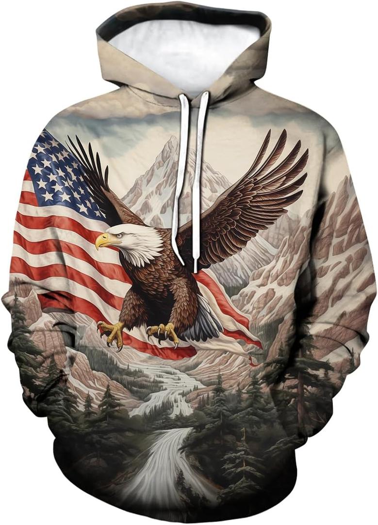 Funny American Flag Eagle Hoodie USA Bald Eagle Graphic Sweatshirt (3X-Large, Grey)