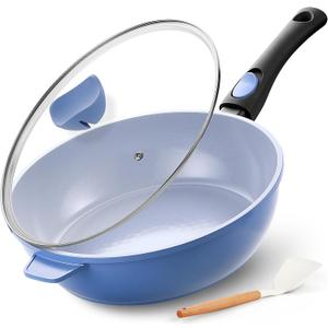 IKTU Ceramic Nonstick Deep Frying Pan, 11Inch Nonstick 4Qt Saute Pan with Helper Handle and Lid, Large Skillet Pan Induction Cookware with Detachable Handle, PFAS PFOA & PTFE Free (Sky Blue)