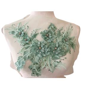 PEPPERLONELY 3D Beaded Flower Sew on Embroidered Lace Applique Wedding Dress Bride's Gown Headdress Adornment DIY Patch Clothing Accessories, 13.5 x 8.5 Inches, Green