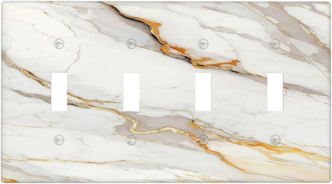 Light Switch Cover Plate White Gold Marble Modern Abstract Luxury 4 Gang Quad Toggle Decorative Switch Plates Wall Panels Electrical Wall Plates Faceplate for Bathroom Bedroom Decor