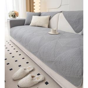 vctops Farmhouse Solid Color Embroidery Sofa Couch Cover Cotton Quilted Sectional Couch Covers Washable Non Slip Sofa Slipcover for Dogs, Children, Pets Furniture Protector (Grey,28"x82")