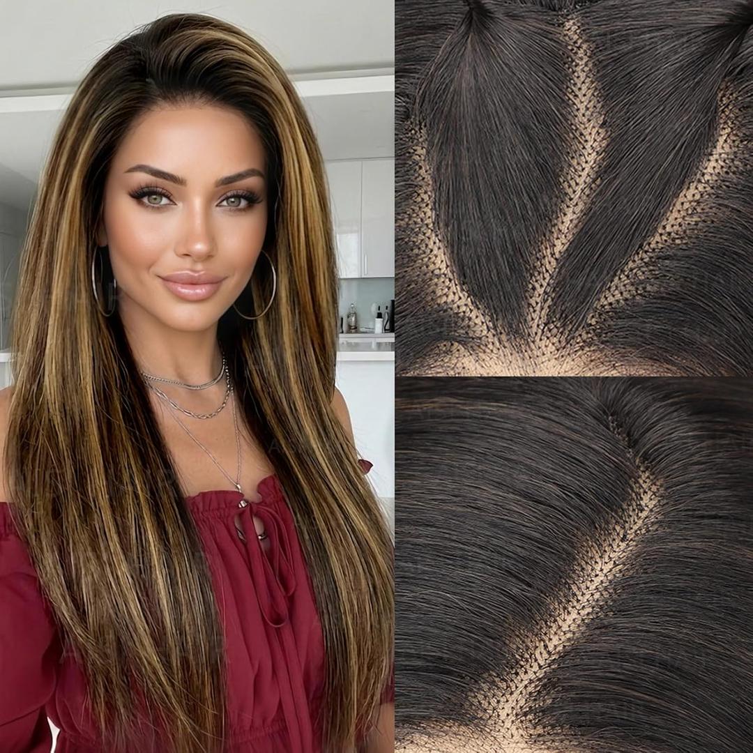 AISI HAIR 13x4 HD Lace Front Wig Brown Highlight Pre Plucked With Baby Hair Straight Glueless Synthetic Wigs for Women 28inch Beginner Friendly