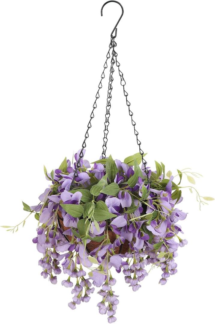 Artificial Hanging Flowers with Basket Plants - Wisteria Hanging Plants for Spring Outdoor Decoration, UV Resistant Fake Flowers Hanging Silk Flowers for Porch Patio Garden Yard Home Decor