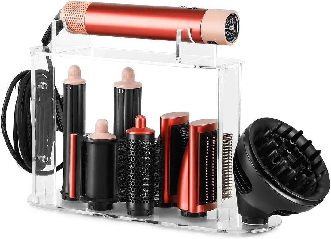 Upgraded Storage Holder for Dyson Airwrap – 7-Hole Acrylic Stand Organizer for Long Barrels & Diffuser Nozzles, Countertop Holder for Airwrap Styler Accessories for Bathroom Vanity Makeup Table