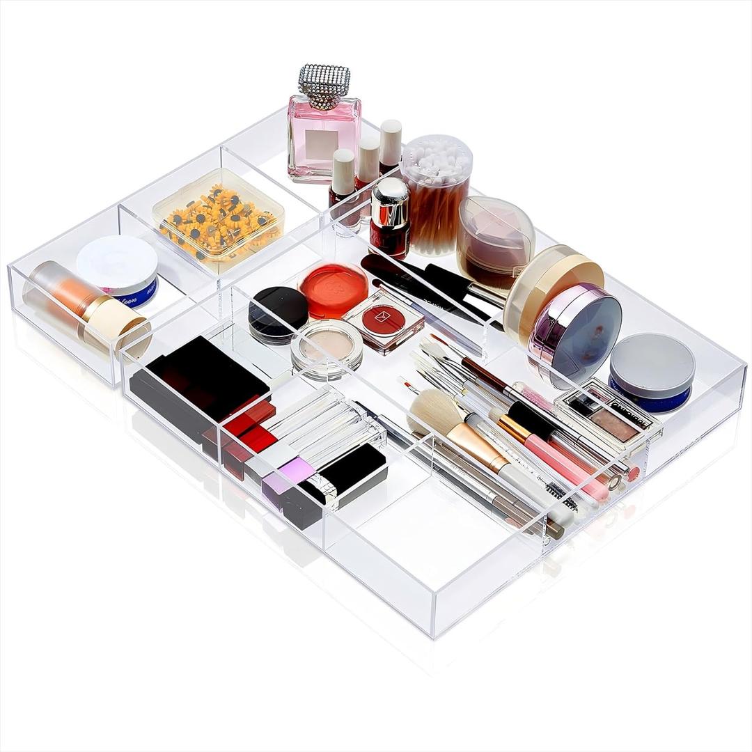 Chunful 2 Pieces Makeup Drawer Organizer 6 Section Clear Desk Organizer with Dividers 3 Section Acrylic Makeup Tray Divided Drawer Inserts Sectioned Tray Storage