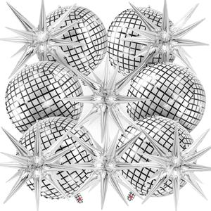 Disco Ball Balloons with Star Balloons, 22 Inch Metallic Silver Foil Balloon for Disco Party Decor Birthday Bachelorette New Year Christmas Party Decorations