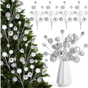 Suncalla 3 Pcs 15 Inch Silver Christmas Tree Picks Xmas Glitter Ball Christmas Tree Decorations Artificial Stems for Xmas Topper Ornaments DIY Wreath Garland Crafts Winter Home Decor