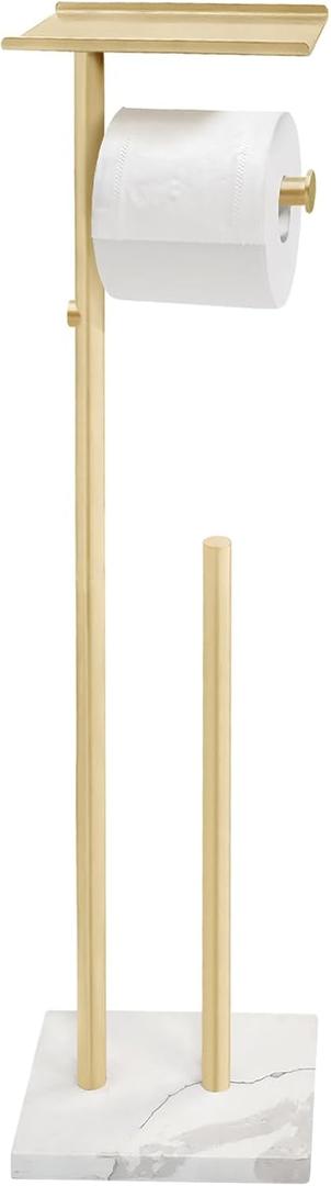 GZILA Brushed Gold Toilet Paper Stand Holder with Shelf, Marble Design Base Free Standing Toilet Paper Roll Holder with 2 Dispenser SUS 304 Stainless Steel Reserve, Storage 5 Rolls