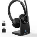 TECKNET Wireless Headset, 5.3 ENC Bluetooth Headset with Microphone, Computer Headset Rechargeable, USB Dongle, Charging Base, On-Ear Headphones for Trucker/Remote Work/Call Center (Black)