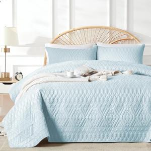 akkialla Twin Size Quilt Bedding Set,Sky Blue Lightweight Microfiber Soft Bedspreads,Modern Style Geoetric Pattern Coverlet Set for All Seasons,2 Piece(1 Quilt,1Pillow Sham)