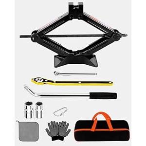 1.5-ton Scissor Jack in Your car's Roadside Emergency kit, Must-Have Spare tire Replacement Stand Tool for Your Vehicle, Telescoping Lug Nut Removal Tool, Ratchet Wrench, Tire Pressure Gauge (1.5T)