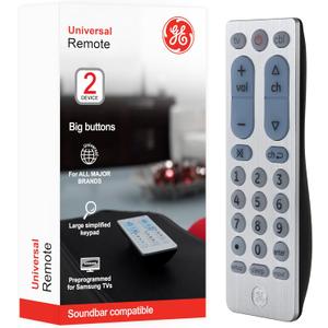 GE Big Button Universal Remote Control for Samsung, Vizio, Lg, Sony, Sharp, Roku, Apple TV, TCL, Panasonic, Smart TVs, Streaming Players, Blu-Ray, DVD, 2-Device, Silver, 33701