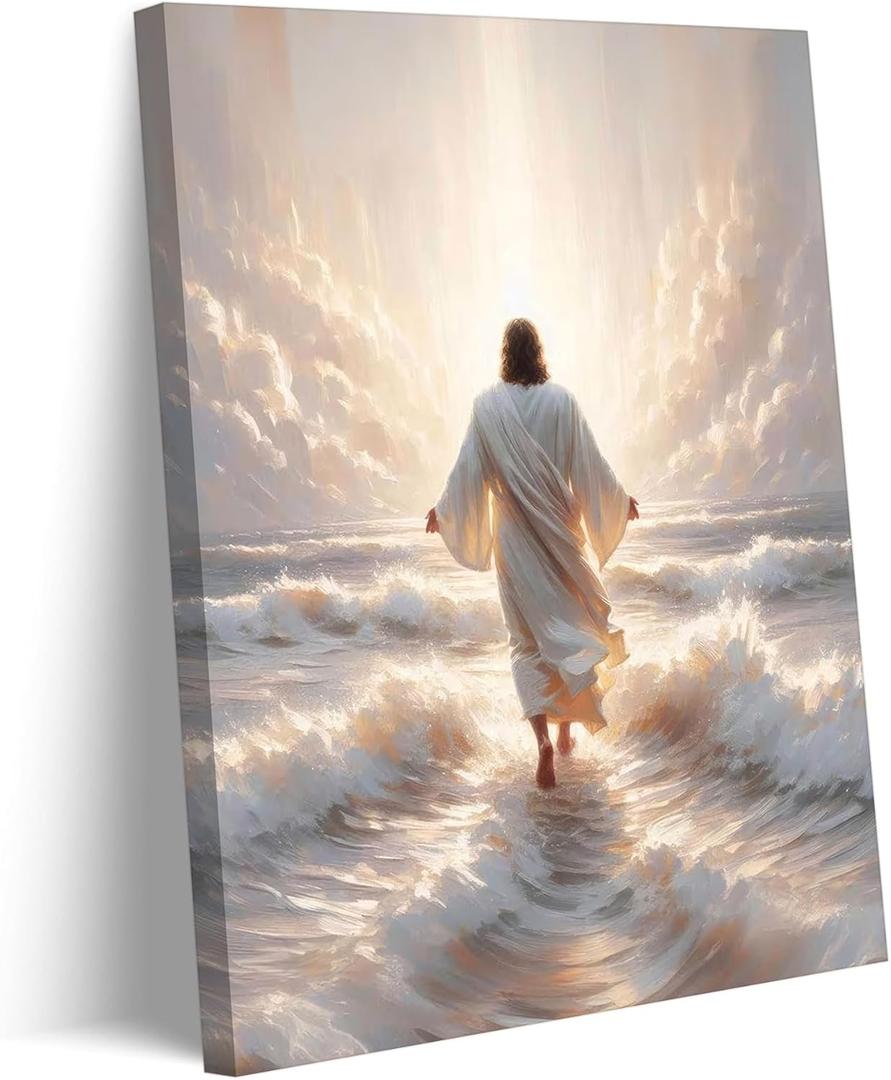 Jesus Walks On Water Canvas Wall Art Jesus Walking On Water Back View Wall Decor Picture Christian Bible Stories Poster Print painting for Living Room Bedroom Church Decoration Ready To Hang