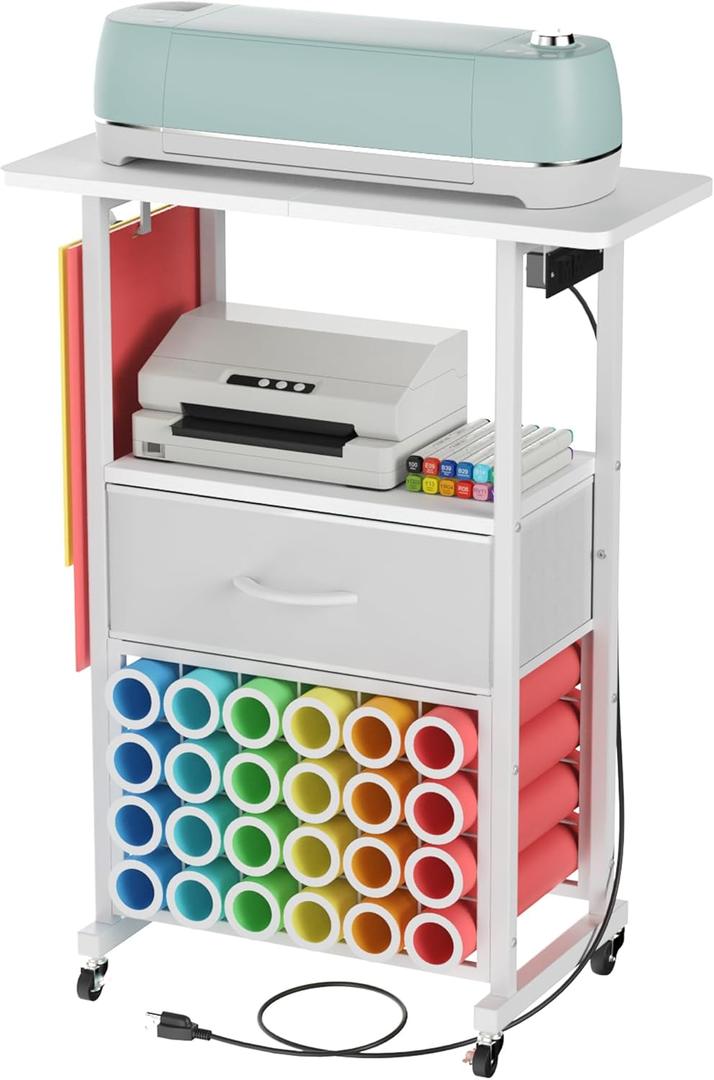 Rolling Craft Cart with Charging Station & Fabric Drawer, 24 Vinyl Roll Holders for Cricut, Organizers and Storage Compatible with Maker, Organization for Craft Room, White (Medium)