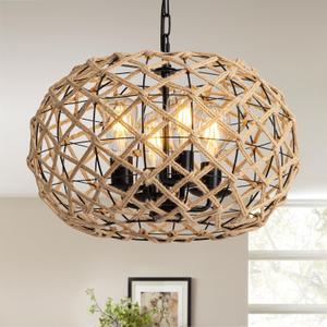 19" Rattan Farmhouse Chandelier Light Fixtures,4-Light Boho Rattan Chandelier for Dining Room Large Hand Woven Pendant Light Hanging Light Fixtures with Fabric Shade for Living Room Bedroom Kitchen