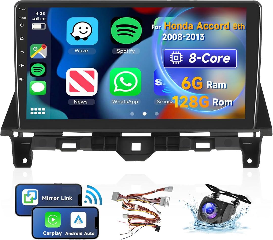 [8 CORE 6G+128G] Car Radio for Honda Accord 8th 2008-2013 with Wireless Carplay/Android Auto, 10.1 Inch Android 13 IPS Touch Screen Car Stereo, Bluetooth, GPS, WiFi, SWC, DSP + Backup Camera