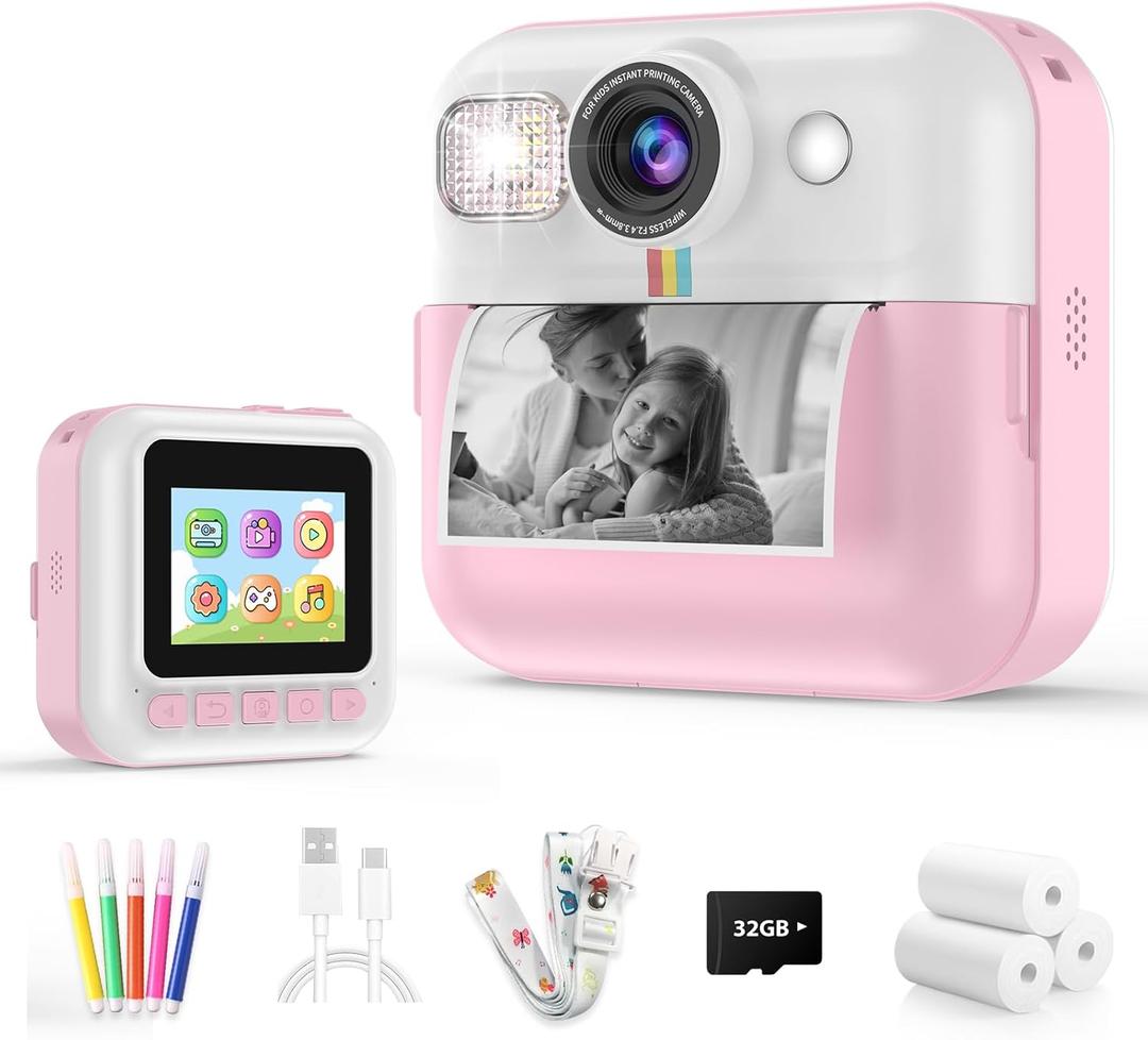 Kids Camera for Girls, 1080P Instant Print Camera, Kids Christmas Birthday Gifts Girls Toys, Children Digital Camera with 32GB Card, Toddler Camera Portable Toys for 3 4 5 6 7 8 9 Year Old Girl Pink