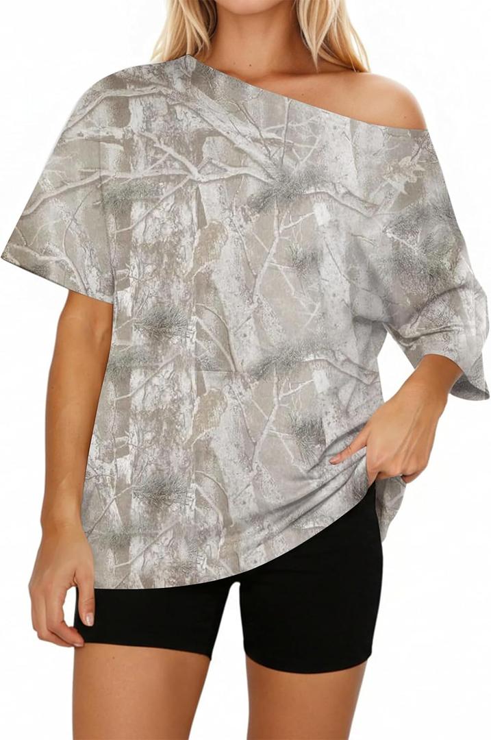 Off The Shoulder Tops for Women Camo Shirt Oversized T Shirt Y2K Maple Leaf Print Tshirt Short Sleeve Summer Outfits (X-Large, Khaki Gray)