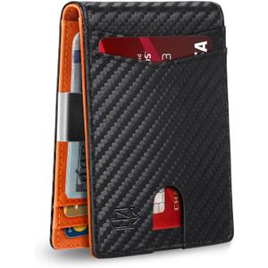 Zitahli Slim Wallet for Men Gifts 12 Card Slots ID Window With Money Clip Minimalist RFID Front Pocket Bifold Leather Small Thin Gift Box Dad Birthday Christmas Regalos Hombres (A-Carbon Black and Orange)