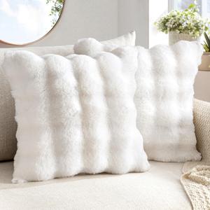 Excluding Insert Faux Rabbit Fur Bubble Pack of 4 Throw Pillow Cover Double Side 18x18 Inch White Thick Plush Dense Fuzzy Decorative Cushion Covers for Couch Bedroom