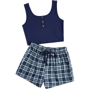 SOLY HUX Women's Pajama Sets 2 Piece Lounge Sets Button Tank Top and Plaid Shorts Sleepwear (Dark Blue), L