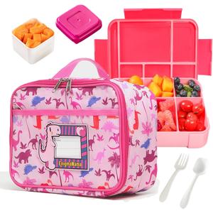 Kids Dinosaur Lunch Bag with Reusable Bento Box, Insulated & Leak-Proof Lunch Container Set with Name Tag, 6 Compartments, Fork & Spoon, Ideal for School, Travel, and Picnics (Pink Dinosaur)