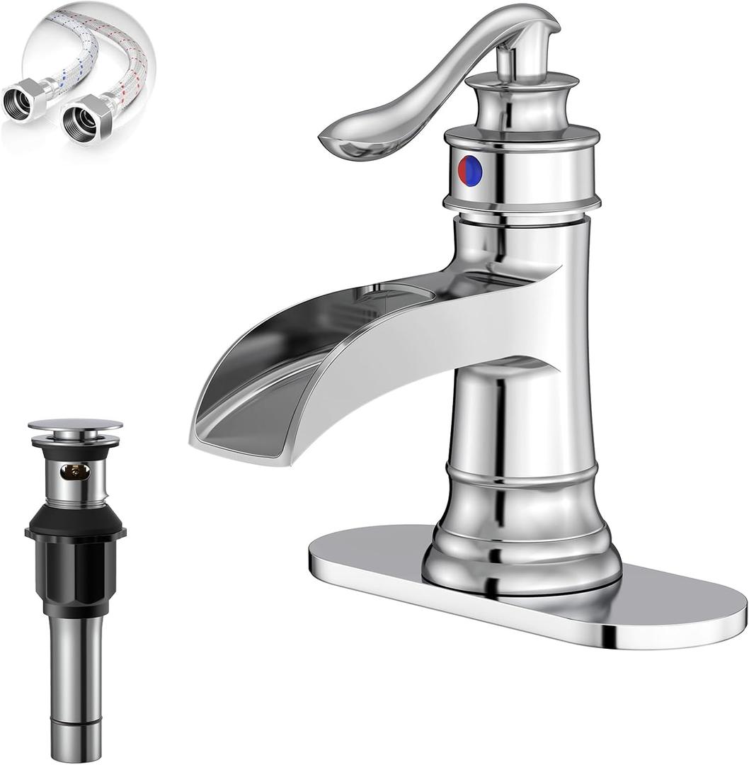 Chrome Waterfall Bathroom Sink Faucet, Single Handle 1 or 3 Hole Farmhouse Bathroom Faucets with Deck, Pop-up Drain, 2 Hoses for Lavatory Washroom Vanity RV