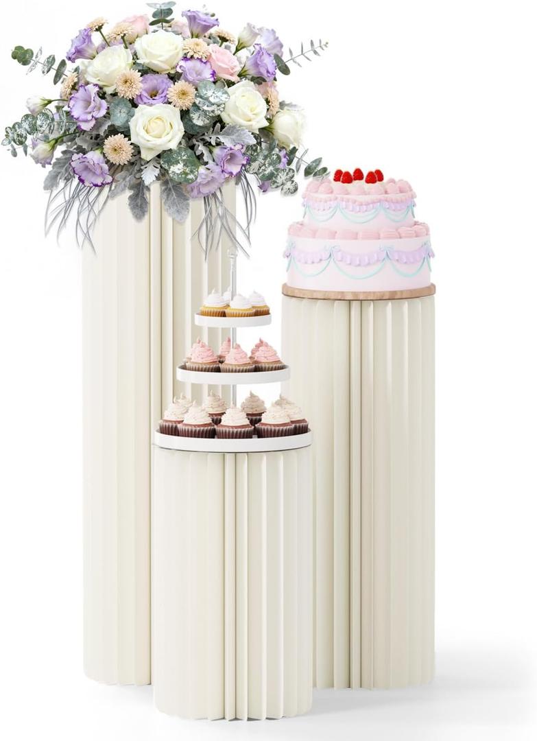 3 Pack Cylinder Stands for Party, Round Cake Pedestal Stands Foldable Buffet Food Risers White Cardboard Cylinder Stands with Acrylic Plates Centerpiece Cake Pedestal Stand for Birthday Wedding Table (3PCS-H468)