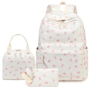 LEDAOU Kids Backpack for Girls Backpacks with Lunch Box, Lightweight Bookbag Set Elementary Middle School Back pack for 8-14 (Beige bowknot)