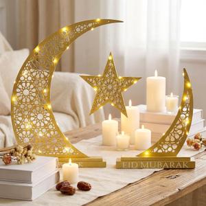 Wesiti 2 Pcs Islamic Gifts for Muslim Eid Mubarak Wooden Table Decoration Islamic Ramadan Gift Ramadan Crescent Lamp with Moon Star Centerpiece for Mubarak Eid Decor Muslim Holiday Celebration