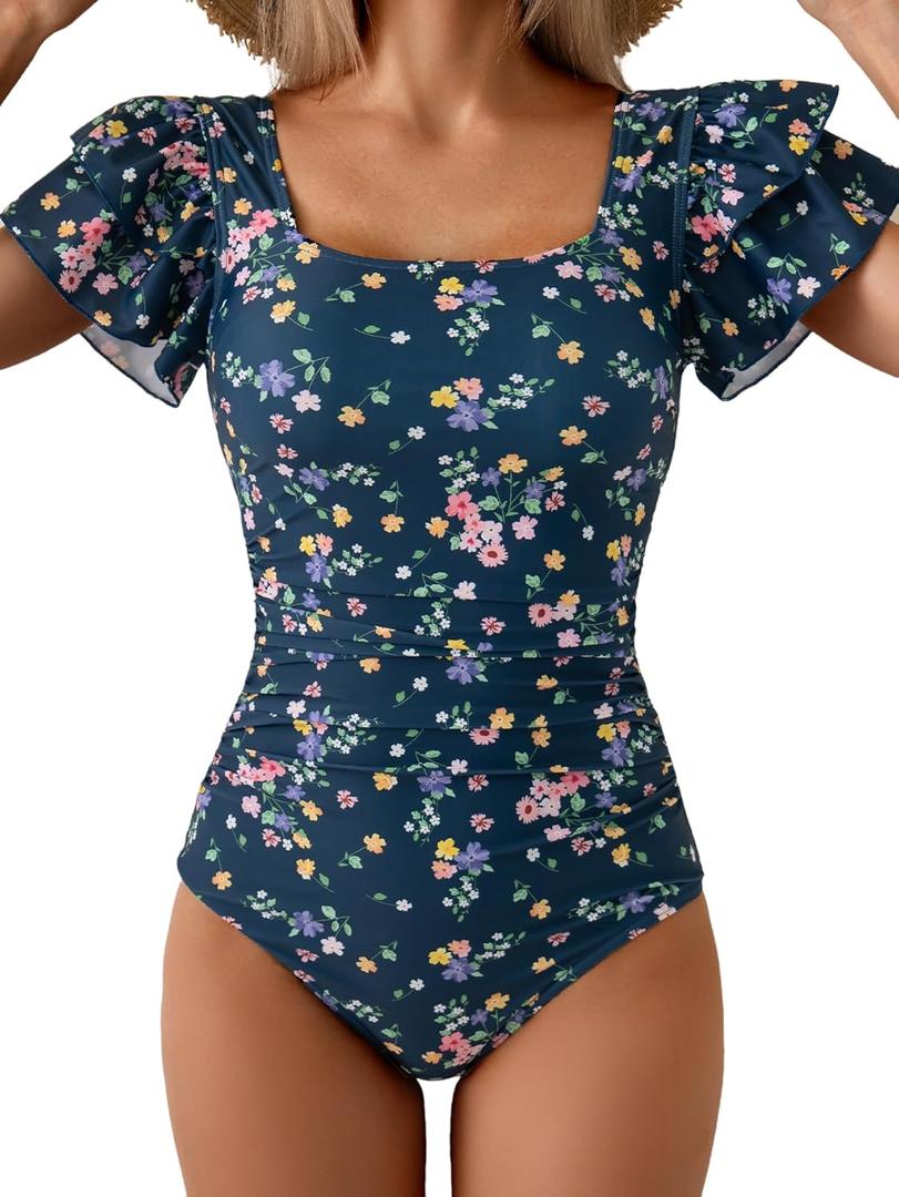 Eomenie Women's Tummy Control One Piece Swimsuit Ruffle Square Neck Bathing Suit Ruched Cutout Back Slimming Swimwear (Medium, Navy Blue Pink Floral)