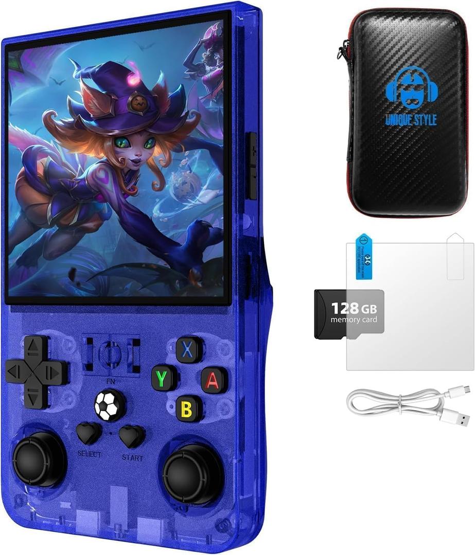 R36MAX Retro Game Console, 4.0 inch Retro Gaming Console with 128GB Memory, Video Game Consoles with 4000mAh Battery and 30+ Emulators, Blue