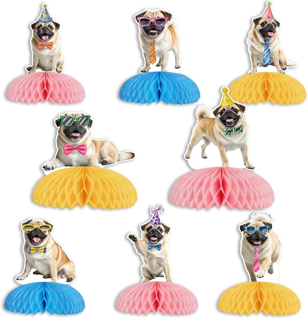 Pug Dog Birthday Party Honeycomb Centerpieces 8PCS Double-Sided Table Decorations for Dog-Themed Celebration | Pet Cute Pug Theme Birthday Baby Shower Gender Reveal Party Supplies for Puppy Lovers