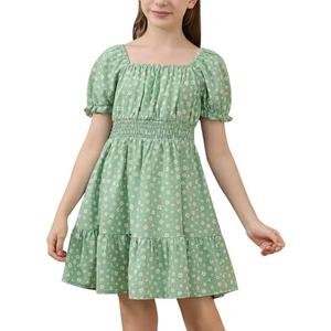 GORLYA Cute Girls Floral Print Puff Sleeve Square Neck Shirred Ruffle Hem Summer Babydoll Dress 10Y