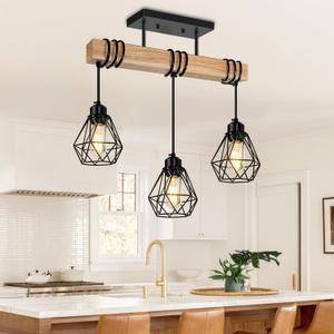 3-Lights Farmhouse Dining Room Pendant Light Fixtures Over Table, Rustic Solid Wood Kitchen Island Lighting Hanging with Metal Shades, Modern Black Ceiling Pendant Lamp for Living Room Hallway
