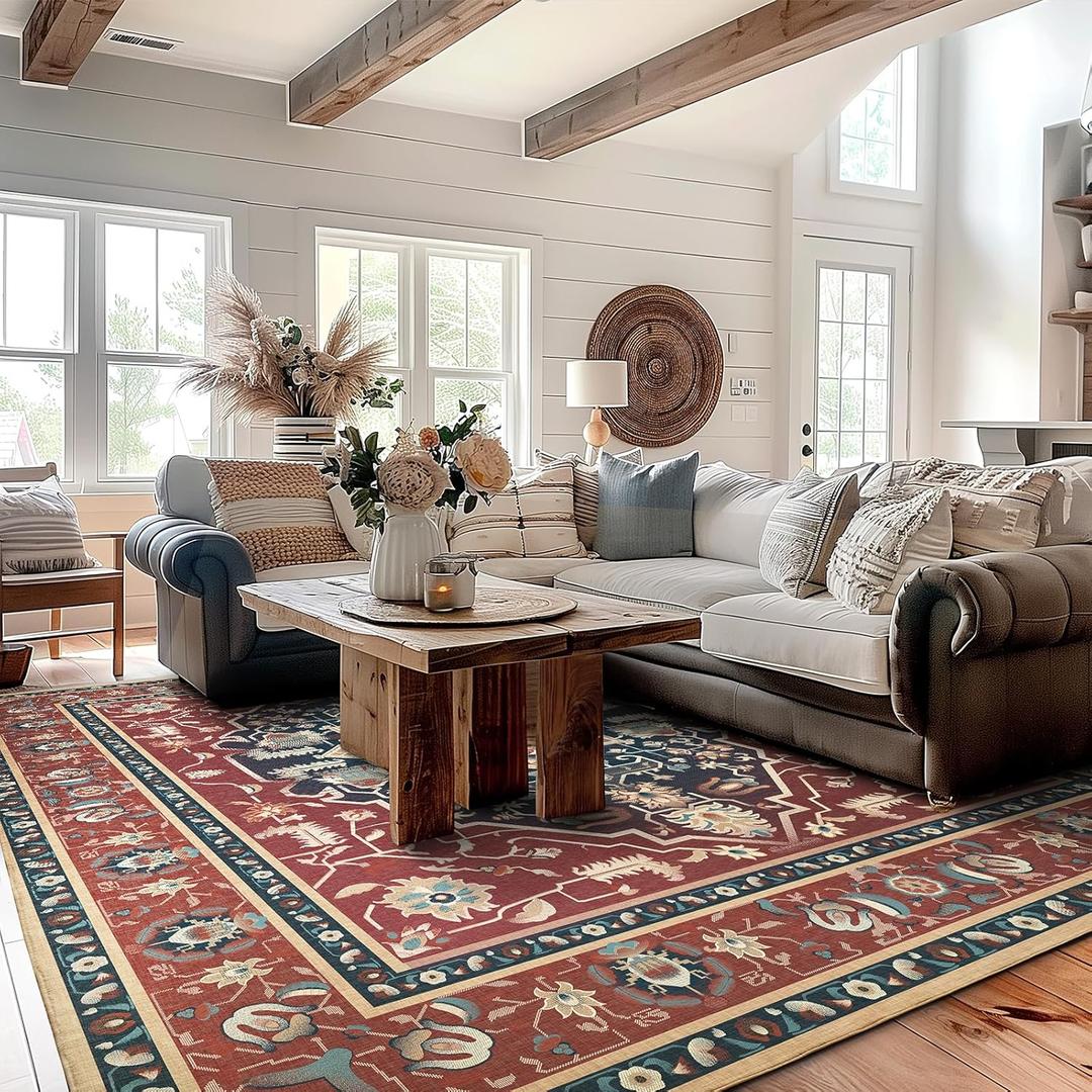 EVERGRACE Faux Wool Area Rugs 9'x 12' Boho Medallion Rugs for Living Room Indoor Outdoor Rugs for Bedroom Dining Room Entryway Kitchen Low Pile Washable Floor Mat Carpet, Terracotta