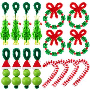Syhood 24 Sets Christmas Crafts for Adults Lime Green Christmas Beaded Ornament Kit Including 6 Green Monsters 6 Xmas Trees 6 Candy Canes 6 Wreaths, DIY Xmas Ornaments Kits (Assembly Needed)