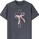 RoseSeek Girl's Bowknot Cross Graphic Tees Crew Neck Short Sleeve T Shirts Streetwear Tops (Dark Grey, 11Y)