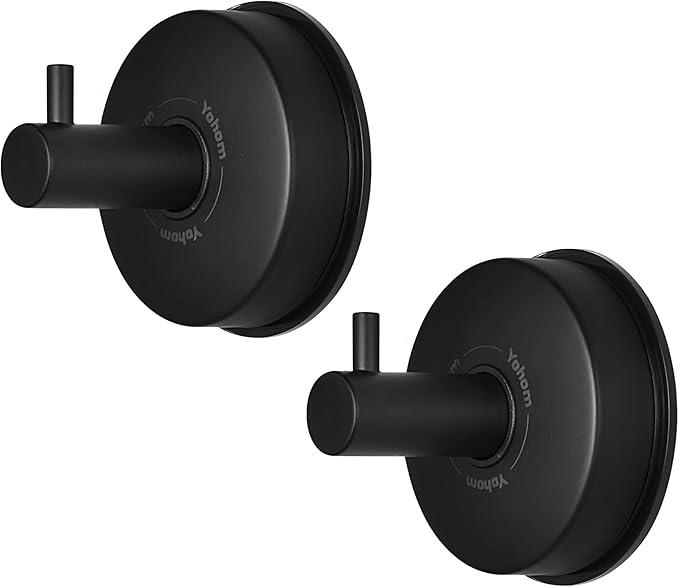 YOHOM Suction Cup Hooks Shower Towel Holder Stainless Steel Vacuum Bathroom Shower Hook Suction Towel Rack Kitchen Organizer for Bathrobe Loofah Matte Black 2Pcs