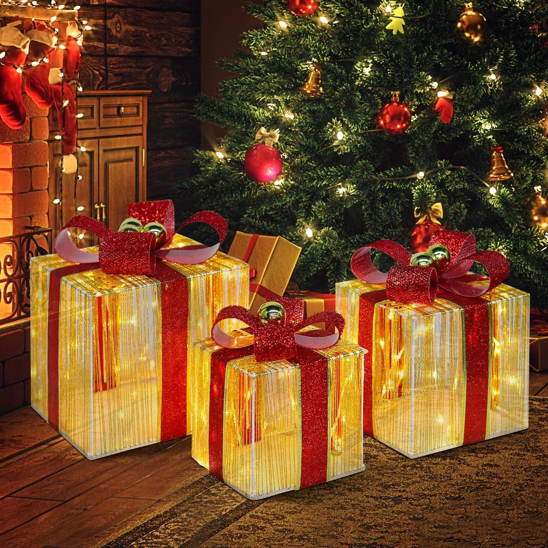 DomKom Set of 3 Christmas Lighted Gift Boxes, 140 LED Lights Nesting Present Boxes, Metal Frame Gift Box with Golden Ball Ornament, for Xmas Tree Indoor Outdoor Holiday Decorations