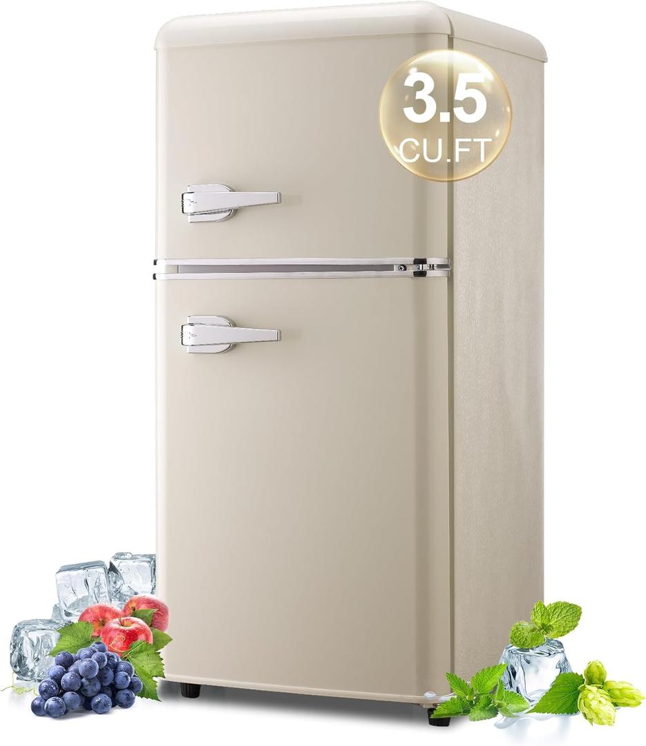 Gshop FLS-80G-CREAM 3.5 Cu. Ft. 2-Door Retro Small Freezer Compact Refrigerator Vintage Mini Fridge Adjustable Thermostat for Dorm, Office, Kitchen, Apartment, Cream