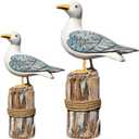 2Pcs Wooden Seagull Figurine 2 Size Mediterranean Style Seabird Statue with Base Nautical Coastal Decor for Home Bedroom