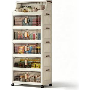 260QT Stackable Storage Bins with Lids & Rack, 6 Tier Large Capacity Foldable Storage Cabinet, Clear Collapsible Pantry Organizer for Home, Kitchen, Bathroom, Dorm, Office, Clear