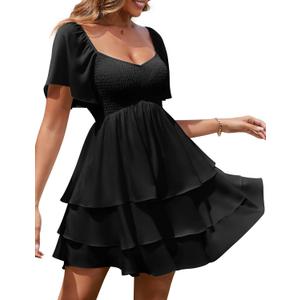 Florboom Women's Sweetheart Neckline Chiffon Dress Boho Smocked Tiered Flutter Sleeve Layered Mini Dresses (S)