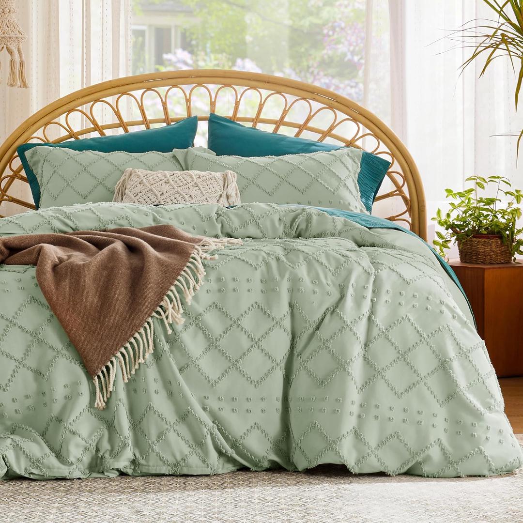 Bedsure Boho Duvet Cover Queen Size - Sage Green Breathable & Soft Boho Bedding, Machine Washable Comforter Cover for All Seasons, Includes 1 Duvet Cover 90"x90" with 2 Pillow Shams & Zipper Closure