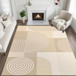 8x10 Area Rug for Living Room Beige Geometric Rug Machine Washable White Minimalist Line Mid Century Modern Area Rugs Non Slip Low Pile Large Dining Room Indoor Floor Carpet for Bedroom Office,Beige