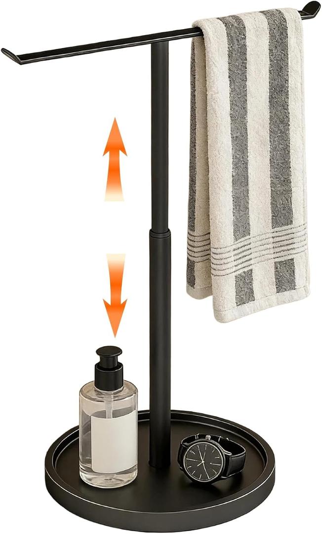 Hand Towel Holder Stand for Bathroom Countertop, Black T-Shape Towel Rack Free Standing, 16.5 Inch Adjustable Retractable, Stainless Steel Freestanding for Kitchen Bedroom Counter Organizer Waterproof