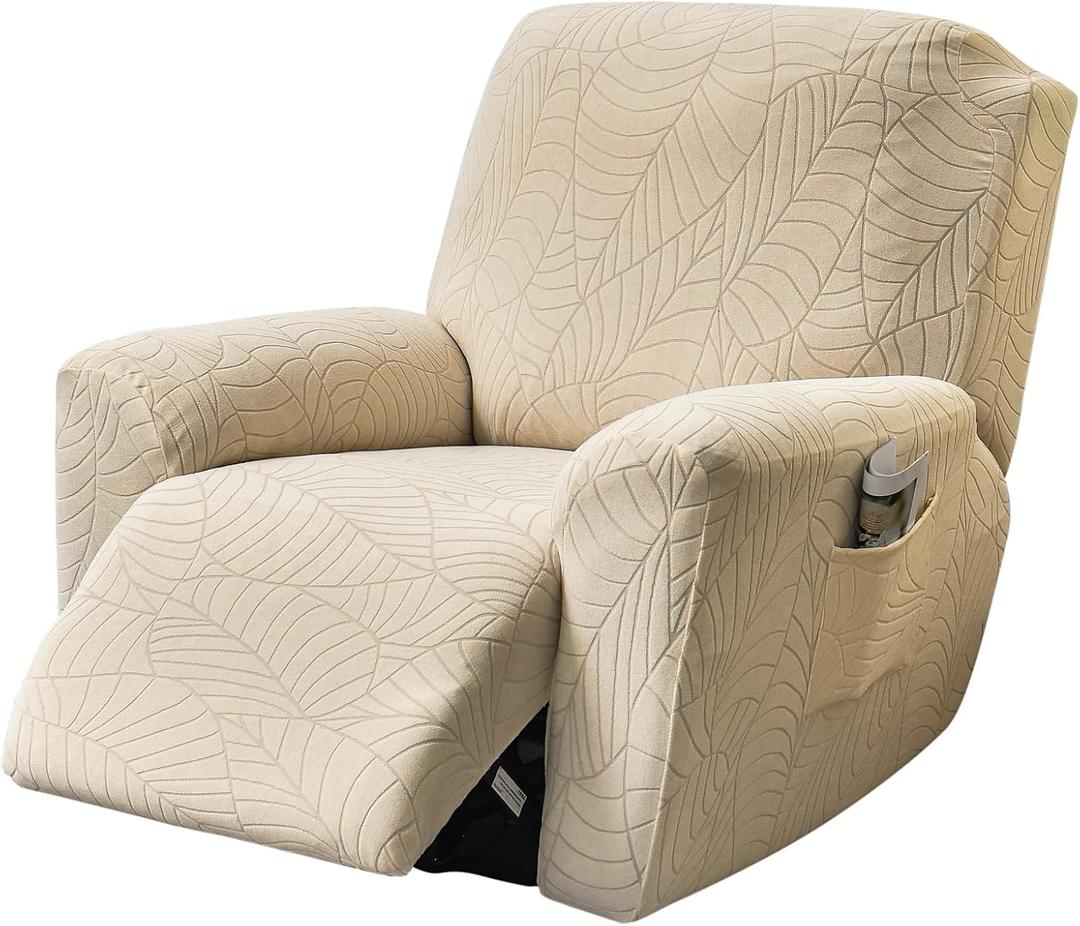 FUANGUI Recliner Chair Cover 4-Pieces Lazyboy Cover for Recliner Chair with Storage Pockets Furniture Protector for Living Room, Jacquard Sofa Slipcover for Kids, Pets, Dog and Cat, 38